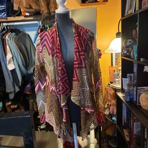 Open Front Chevron Knit Cardigan Jacket - Pink & Brown